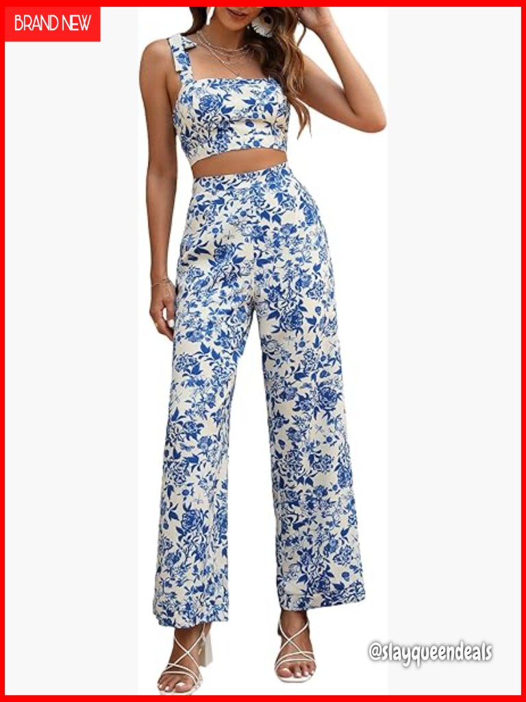 2 Piece Summer Outfit Knot Shoulder Crop Top And Maxi Pants Set
